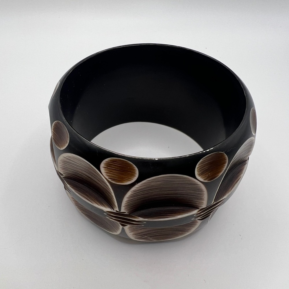 African Cow Horn Bangle Bracelet Hand Carved Floral Wide Statement Artisan